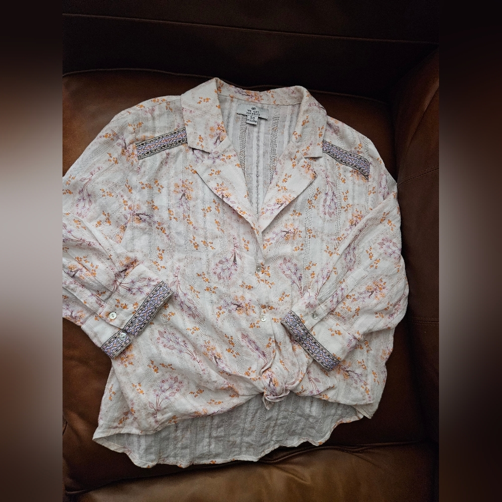 We Are Kindred Linen Embroidered Tie Top Size US 6